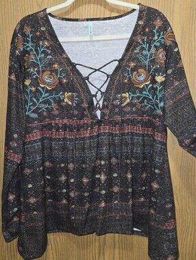 Maurices Black Lace-Up V-Neck Boho Tunic with Turquoise & Mustard Embroidery